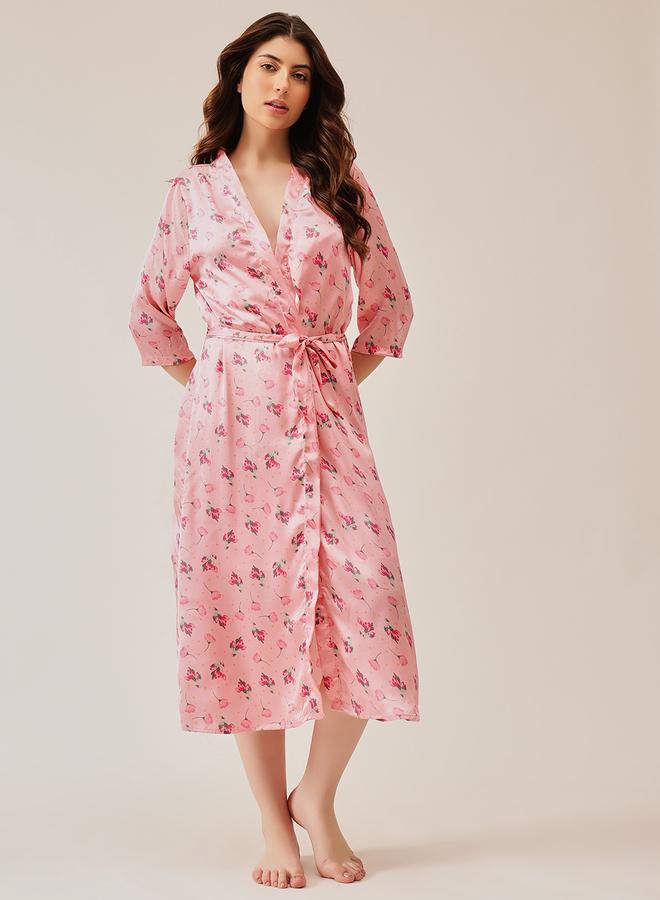 Clovia Pack of 2 - Floral Satin Robe and Slip Dress - Image 4